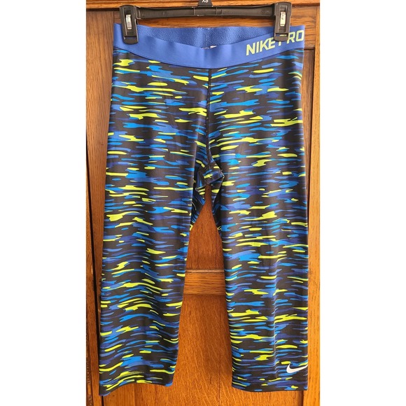 Nike Pants - Nike Pro Womens Camo Compression Leggings Blue Yellow Capris 729415-480 Large